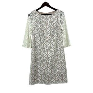 Eliza J Floral Lace Dress Size 8 Womens Tan White 3/4 Sleeve Sheath Cocktail N3